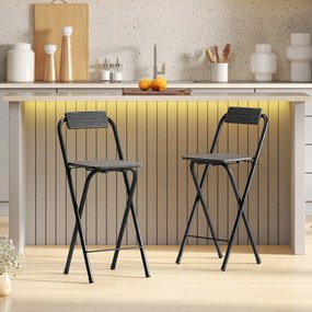 Conjunto de 2 bancos de bar dobráveis com encosto e apoio para os pés, estrutura em aço, 87 cm de altura, preto