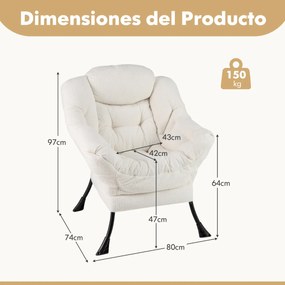 Poltrona grande estofada com almofada de cabeça acolchoada Apoios de braços e bolsa Poltrona Sofá para sala de estar Quarto Bege