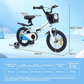 Bicicleta Infantil 3-5 Anos, 104 x 51 x 66,5-72 cm, Rodas Estabilizadoras Removíveis, Branco