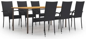 7 pcs conjunto de jantar para jardim vime PE preto