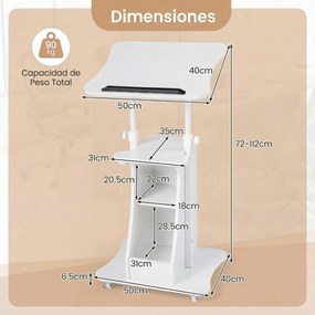 Pódio Móvel para Apresentações, 50 x 40 x 72-112 cm, Tampo Inclinável, Branco