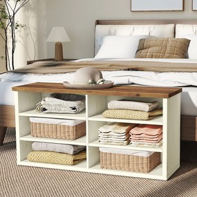 Banco arrumação para sapatos com banco 29,5 x 100 x 50 cm, compartimentos ajustáveis, 6 prateleiras Branco-castanho