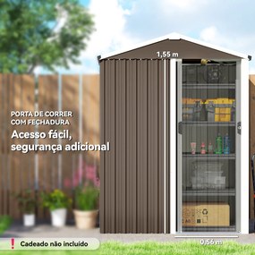 Abrigo de Jardim Metálico 136x87x179 cm Abrigo para Ferramentas com Porta de Correr Teto Inclinado e Luvas Castanho