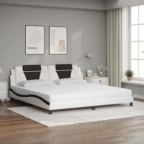 Cama com colchão 200x200 cm couro artificial preto e branco