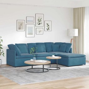 Sofá modular com pufes e almofadas veludo azul
