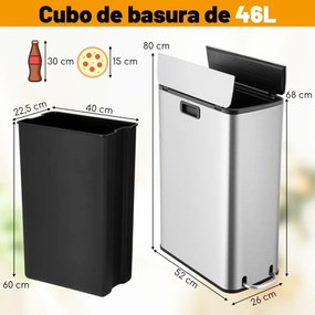 Caixote do lixo em aço inoxidável de 46 L com tampas de asa de fecho suave Caixote do lixo interior amovível para sala de estar Escritório Prata