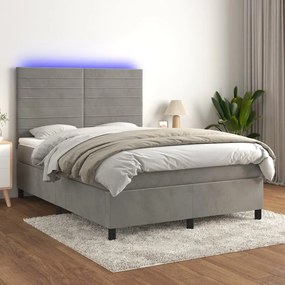 vidaXL Cama box spring c/ colchão/LED 140x190 cm veludo cinzento
