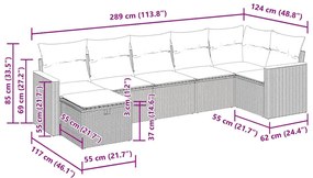 7 pcs conjunto sofás p/ jardim c/ almofadões vime PE cinzento