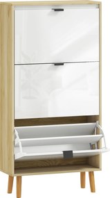 HOMCOM Sapateira Estreita com 3 Portas em Branco Brilhante Prateleiras Ajustáveis Pernas de Madeira para 18 Pares de Sapatos 60x24x127 cm | Aosom Portugal