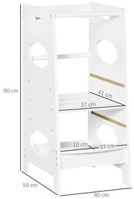 Torre de Aprendizagem de Madeira para Crianças Torre de Aprendizagem Infantil com Altura Ajustável em 3 Posições e Barra de Segurança 40x50x90cm Branc