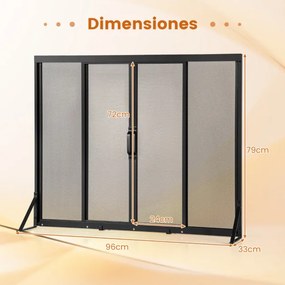 Proteção frontal para lareira  96 x 79 cm  com portas deslizantes e corta-fogo independente com tela metálica fácil de montar Preto
