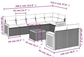 9 pcs conjunto de sofás p/ jardim c/ almofadões vime PE preto