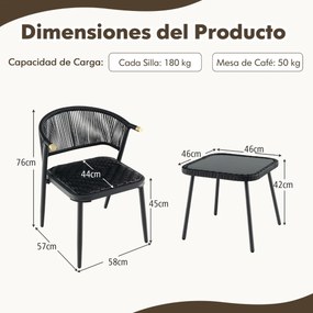 Conjunto de móveis Jardim de rattan de 3 peças com cadeiras almofadadas Mesa de vidro temperado Assento de vime Encosto de vime Costas de corda tecido