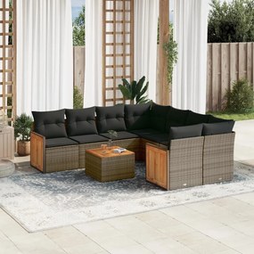 9 pcs conjunto sofás p/ jardim com almofadões vime PE cinzento