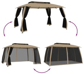 Gazebo c/ teto duplo/paredes de malha aço cinzento-acastanhado