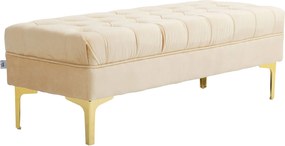 Banco estofado para colocar ao pé da cama, estilo clássico-chique, dim. 118 x 45 x 42 cm, pés em metal dourado, veludo bege