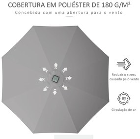 Chapéu de Sol de Jardim Ø265x240 cm com Luzes LED Solares Manivela e Impermeável para Piscina Pátio Cinza Claro