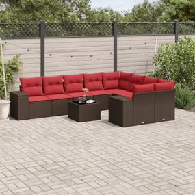 vidaXL 10 pcs conj. sofás jardim com almofadões vime PE castanho