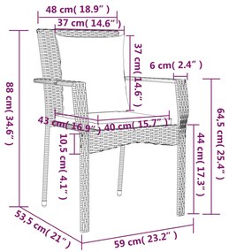 7 pcs conjunto de jantar p/ jardim c/ almofadões vime PE cinza