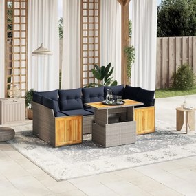 vidaXL 7 pcs conjunto sofás p/ jardim c/ almofadões vime PE cinzento