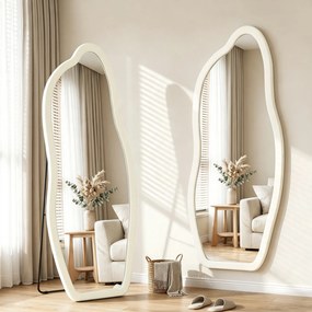 Espelho de Corpo Inteiro 160x60 cm de Pé ou Parede com Moldura Arqueada Aveludada Creme