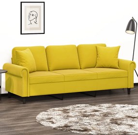 Sofá 3 lugares c/ almofadas decorativas 180 cm veludo amarelo
