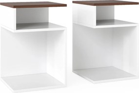 Conjunto 2 mesas de cabeceira 33 x 33 x 50 cm em forma de S com 2 compartimentos abertos, branca e cor nogueira