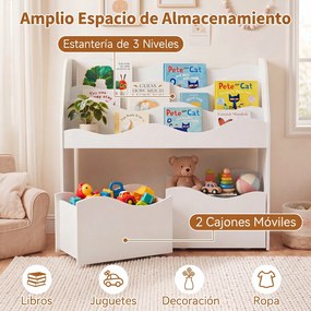 Estante Infantil com Gavetas, 82 x 30 x 76 cm, Estante de 3 Níveis, Branco