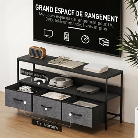 Móvel para televisão 120 x 29 x 56 cm, adequado para televisores até 55 polegadas, com 3 gavetas tecido e pés em aço, cinzento, preto