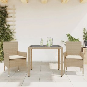 3 pcs conjunto jantar jardim com almofadões vime PE/vidro bege