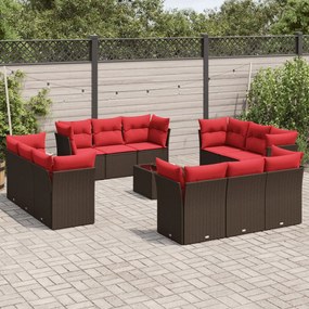 vidaXL 13 pcs conjunto sofás p/ jardim c/ almofadões vime PE castanho