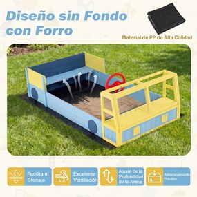 Caixa de areia infantil em madeira de abeto com forma de carro 160 x 86 x 58 cm, assento com base aberta e forro inferior, para praia, pátio ou jardim
