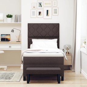 Cama Box Spring com Colchão &amp; Banco Marrom Escuro 90x190 cm Tecido