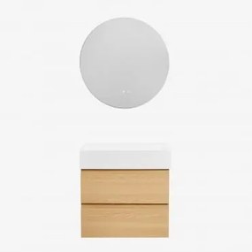 Conjunto De Móvel De Casa De Banho Em Madeira E Chapa De Freixo Com Lavatório Integrado Ona Madeira Natural & Redondo Led E - Sklum