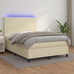vidaXL Cama box spring c/ colchão/LED 140x200cm couro artificial creme