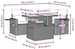 5 pcs conjunto sofás p/ jardim c/ almofadões vime PE castanho