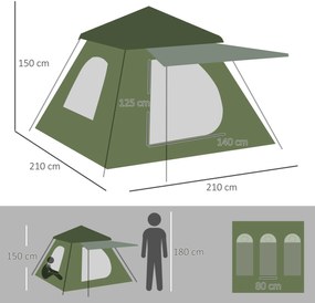 Tenda de Campismo para 2-3 Pessoas Impermeável PU2000 mm Proteção UV50+ com Bolsa de Transporte 210x210x150 cm Verde