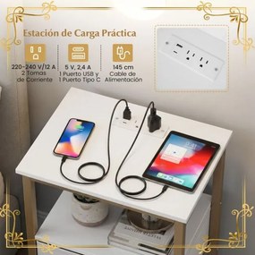 Mesa de cabeceira 40 x 30 x 61 cm com Estação de carregamento com gaveta e estantes Estrutura metálica moderna dourada e branca