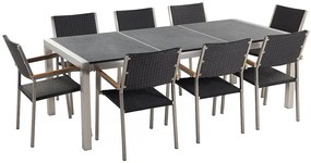 Conjunto de mesa com tampo triplo granito flameado preto 220 x 100 cm e 8 cadeiras rattan sintético GROSSETO Beliani
