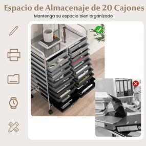 Carrinho auxiliar de armazenamento 64 x 39 x 88 cm com 4 rodas, 20 gavetas 2 rodas com travões, estrutura metálica preta