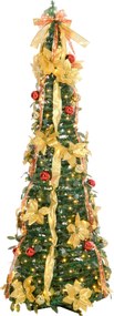 Árvore de Natal Dobrável 180 cm Árvore de Natal Artificial com Luzes LED e Decorações Pré-Instaladas  Ø60x180 cm Verde