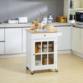 Carro de cozinha com rodas e vários compartimentos de arrumação - armário com porta de vidro e prateleira ajustável, gaveta e suporte para panos de co