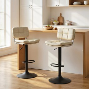 Conjunto de 2 bancos de bar vintage estofados — giratórios, ajustáveis — com apoio para os pés — revestimento sintético em tom creme