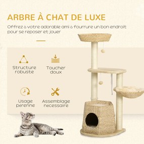 Arranhador para gatos, para trepar, arranhador para gatos, altura 119 cm, colunas reforçadas com nicho, rede e 2 bolas suspensas