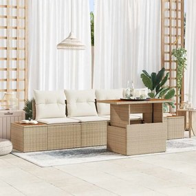 vidaXL Conjunto de Jantar de Jardim com 5 Peças e Almofadas Bege em Rattan Polielástico e Acácia
