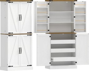 HOMCOM Buffet alto de cozinha, armário de cozinha, 4 portas, 3 gavetas, 8 suportes e prateleiras ajustáveis, 76x40x182cm, branco | Aosom Portugal