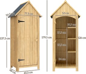 Armário Abrigo Jardim de Madeira 77,5x54,2x179,5 cm 0,3 m² para Arrumação de Ferramentas com 3 Prateleiras e 2 Portas com Fecho Madeira