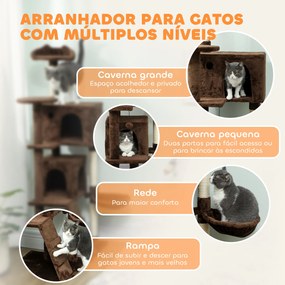 Arranhador para Gatos com Múltiplas Plataformas Cama 2 Cavernas Rede Escada Postes de Sisal 48x48x160 cm Castanho