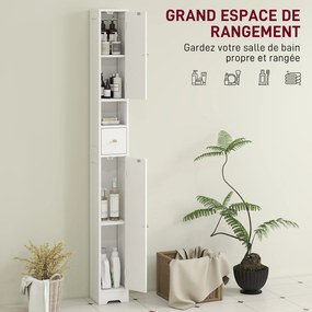 Armário de coluna para casa de banho 20 x 20 x 185 cm, móvel de arrumação, 2 portas, gaveta, compartimento aberto, prateleira ajustável, branco