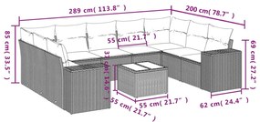 10 pcs conj. sofás jardim com almofadões vime PE cinzento-claro